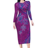Hawaiian Turtles and Polynesian Art Tattoo Family Matching Long Sleeve Bodycon Dress and Hawaiian Shirt Cerise LT03 Mom's Dress Pink - Polynesian Pride
