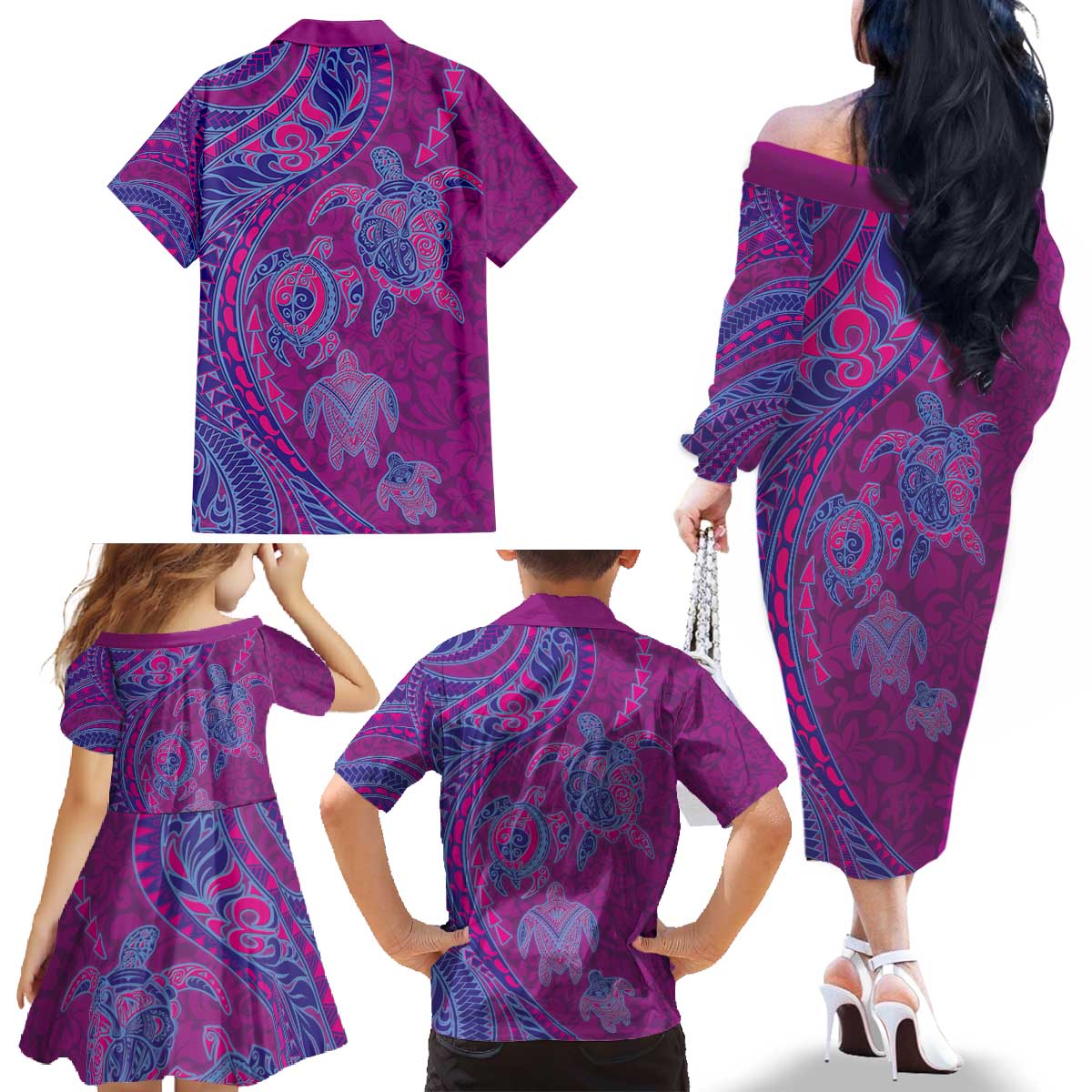 Hawaiian Turtles and Polynesian Art Tattoo Family Matching Off The Shoulder Long Sleeve Dress and Hawaiian Shirt Cerise LT03 - Polynesian Pride