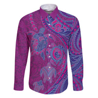 Hawaiian Turtles and Polynesian Art Tattoo Family Matching Off The Shoulder Long Sleeve Dress and Hawaiian Shirt Cerise LT03 Dad's Shirt - Long Sleeve Pink - Polynesian Pride