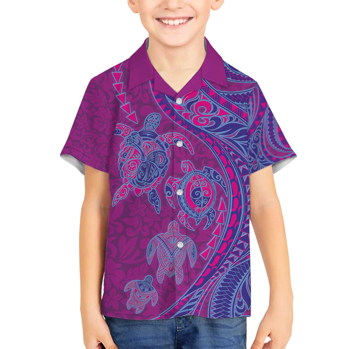 Hawaiian Turtles and Polynesian Art Tattoo Family Matching Off The Shoulder Long Sleeve Dress and Hawaiian Shirt Cerise LT03 Son's Shirt Pink - Polynesian Pride