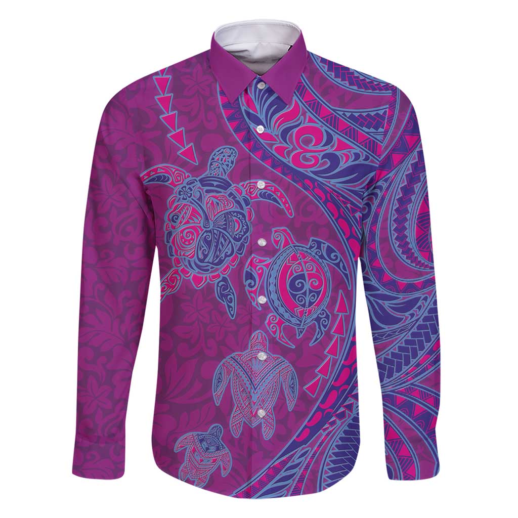 Hawaiian Turtles and Polynesian Art Tattoo Family Matching Off Shoulder Short Dress and Hawaiian Shirt Cerise LT03 Dad's Shirt - Long Sleeve Pink - Polynesian Pride