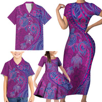 Hawaiian Turtles and Polynesian Art Tattoo Family Matching Short Sleeve Bodycon Dress and Hawaiian Shirt Cerise LT03 - Polynesian Pride