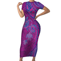 Hawaiian Turtles and Polynesian Art Tattoo Family Matching Short Sleeve Bodycon Dress and Hawaiian Shirt Cerise LT03 Mom's Dress Pink - Polynesian Pride