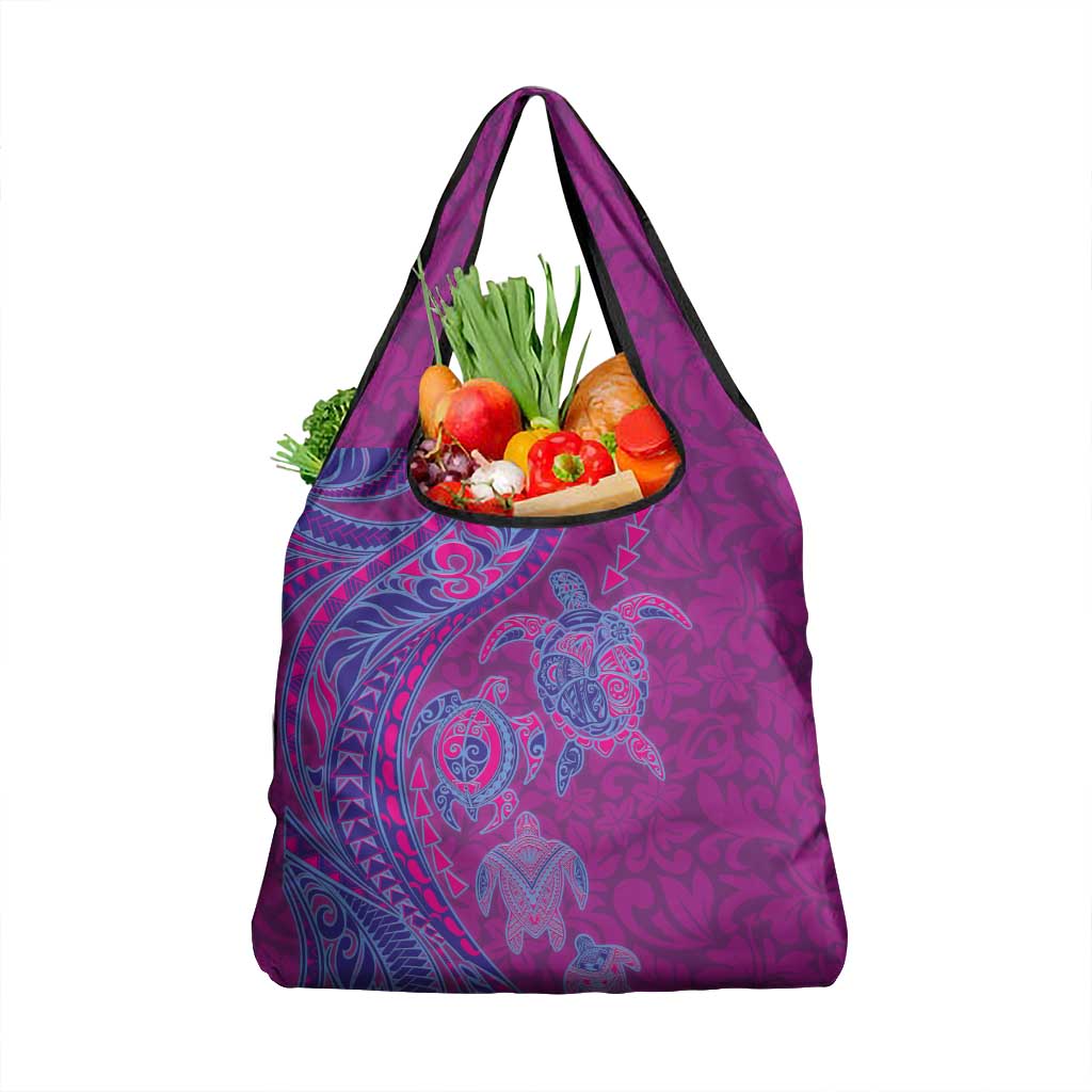 Hawaiian Turtles and Polynesian Art Tattoo Grocery Bag Cerise
