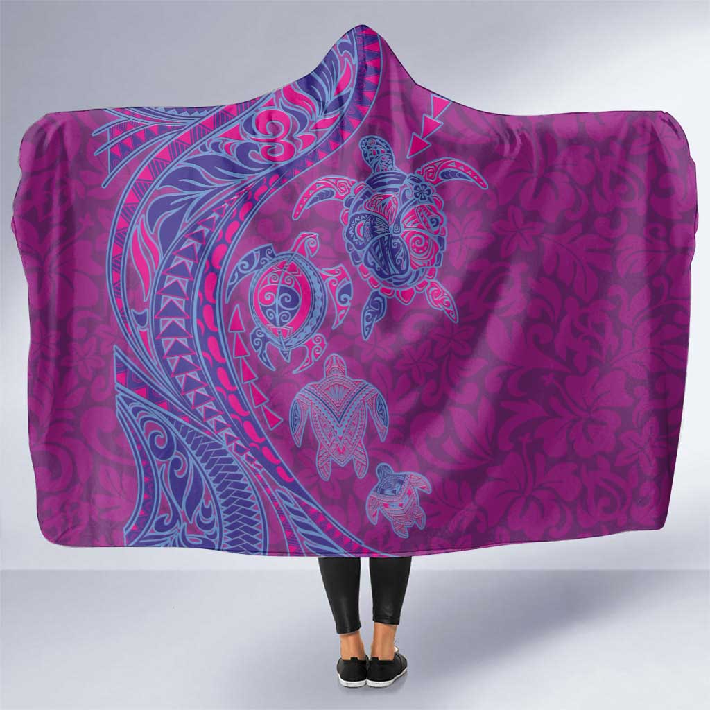 Hawaiian Turtles and Polynesian Art Tattoo Hooded Blanket Cerise