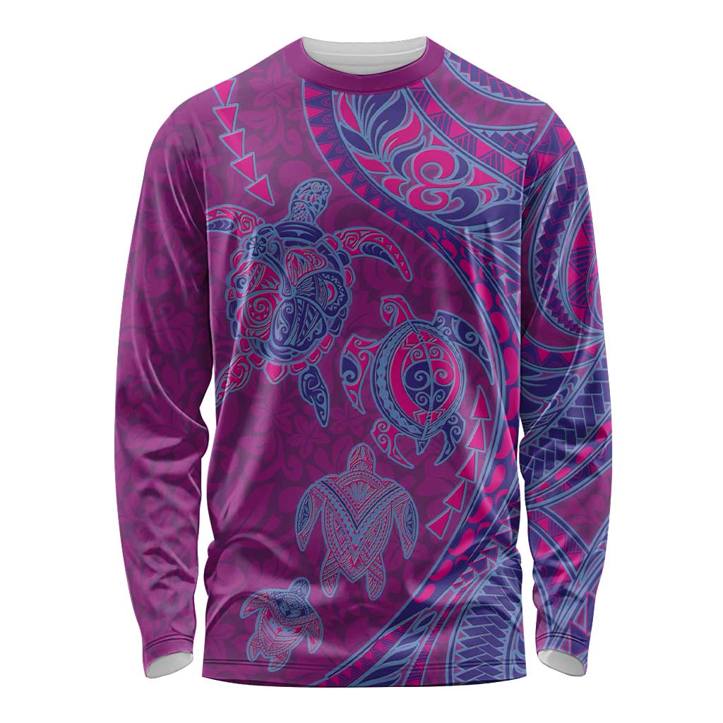 Hawaiian Turtles and Polynesian Art Tattoo Long Sleeve Shirt Cerise