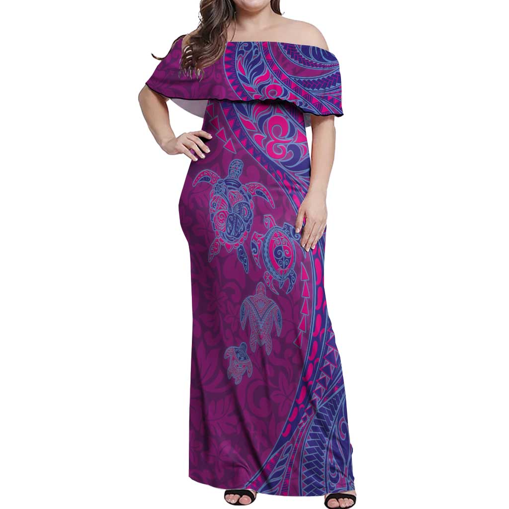 Hawaiian Turtles and Polynesian Art Tattoo Off Shoulder Maxi Dress Cerise