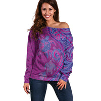 Hawaiian Turtles and Polynesian Art Tattoo Off Shoulder Sweater Cerise