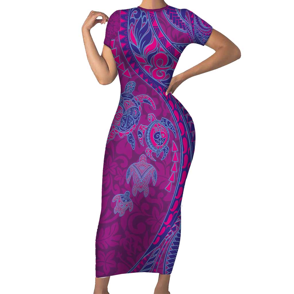 Hawaiian Turtles and Polynesian Art Tattoo Short Sleeve Bodycon Dress Cerise