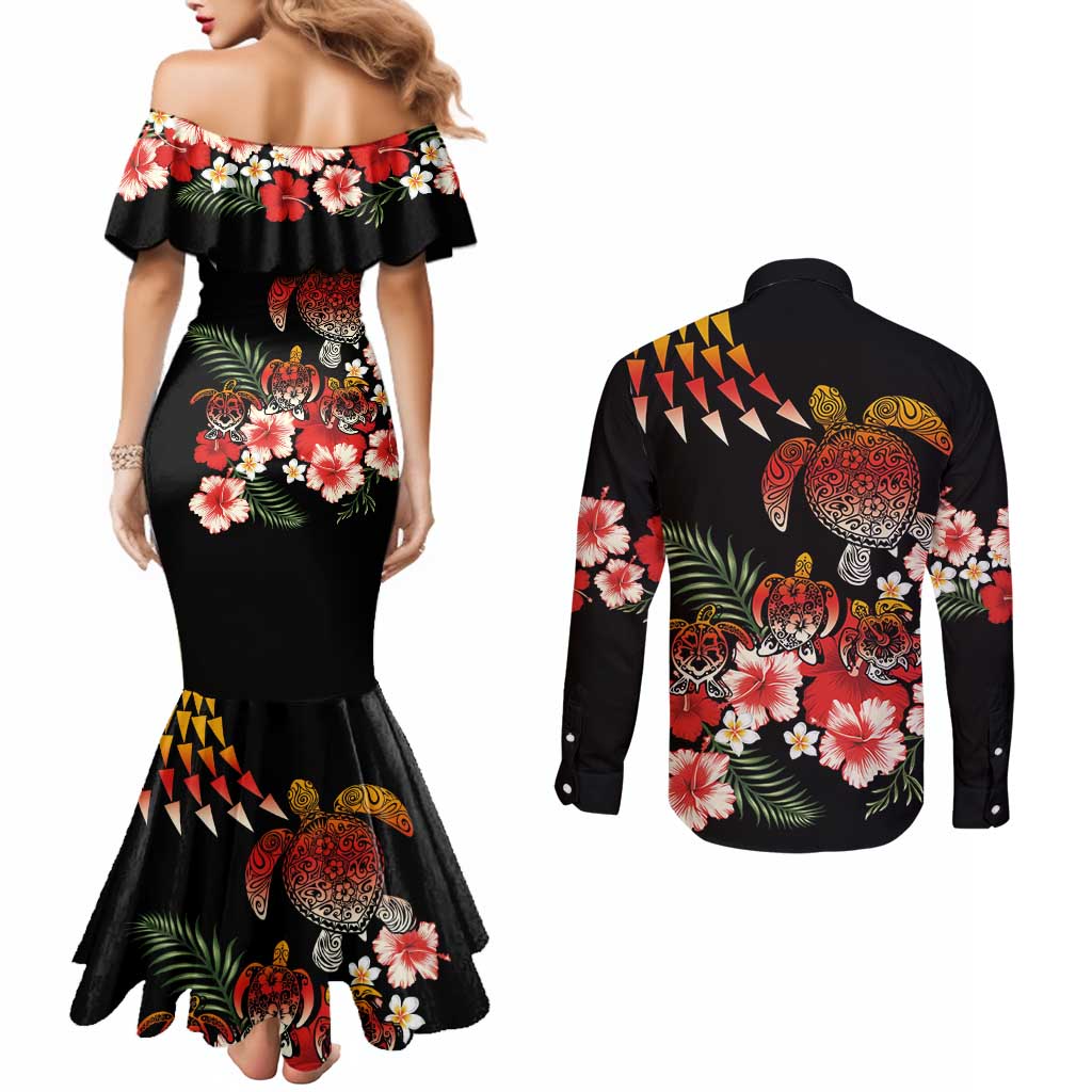 Hawaiian Hibiscus Turtle and Tropical Flower Couples Matching Mermaid Dress and Long Sleeve Button Shirt Dynamic Vibe