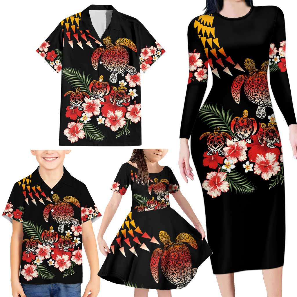 Hawaiian Hibiscus Turtle and Tropical Flower Family Matching Long Sleeve Bodycon Dress and Hawaiian Shirt Dynamic Vibe LT03 - Polynesian Pride