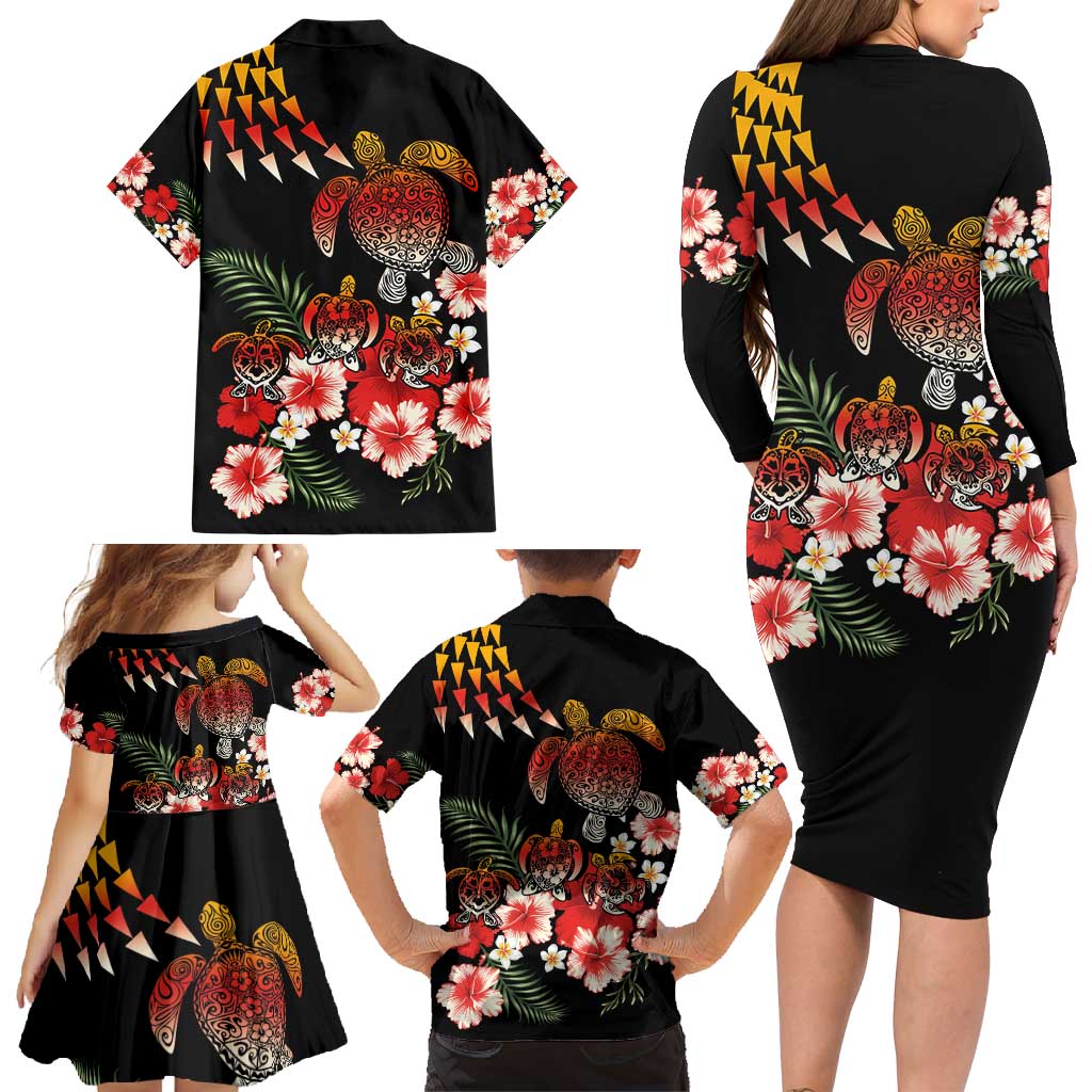 Hawaiian Hibiscus Turtle and Tropical Flower Family Matching Long Sleeve Bodycon Dress and Hawaiian Shirt Dynamic Vibe LT03 - Polynesian Pride