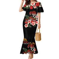 Hawaiian Hibiscus Turtle and Tropical Flower Family Matching Mermaid Dress and Hawaiian Shirt Dynamic Vibe LT03 Mom's Dress Black - Polynesian Pride