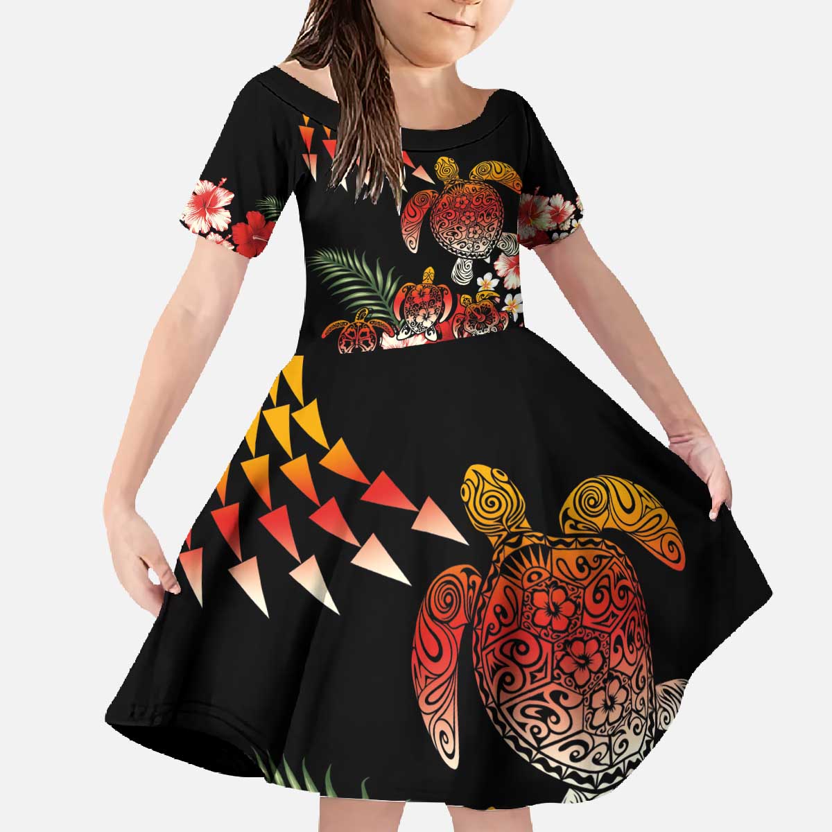 Hawaiian Hibiscus Turtle and Tropical Flower Family Matching Off The Shoulder Long Sleeve Dress and Hawaiian Shirt Dynamic Vibe LT03 Daughter's Dress Black - Polynesian Pride
