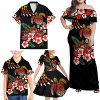 Hawaiian Hibiscus Turtle and Tropical Flower Family Matching Off Shoulder Maxi Dress and Hawaiian Shirt Dynamic Vibe LT03 - Polynesian Pride