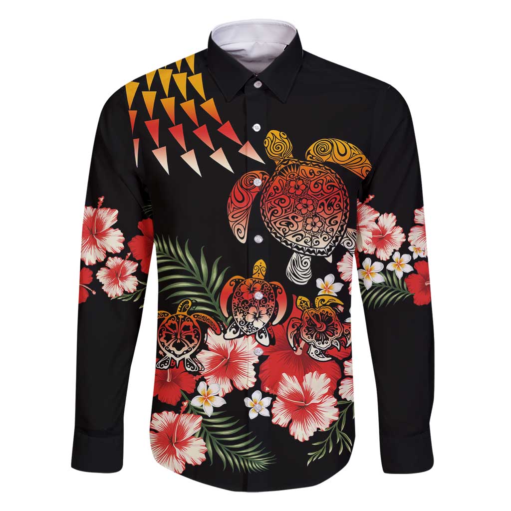 Hawaiian Hibiscus Turtle and Tropical Flower Family Matching Off Shoulder Maxi Dress and Hawaiian Shirt Dynamic Vibe LT03 Dad's Shirt - Long Sleeve Black - Polynesian Pride