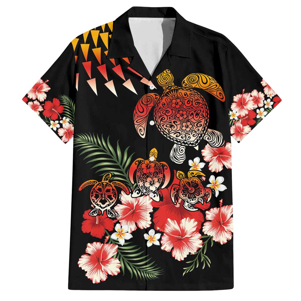 Hawaiian Hibiscus Turtle and Tropical Flower Family Matching Off Shoulder Short Dress and Hawaiian Shirt Dynamic Vibe LT03 Dad's Shirt - Short Sleeve Black - Polynesian Pride