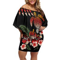 Hawaiian Hibiscus Turtle and Tropical Flower Family Matching Off Shoulder Short Dress and Hawaiian Shirt Dynamic Vibe LT03 Mom's Dress Black - Polynesian Pride
