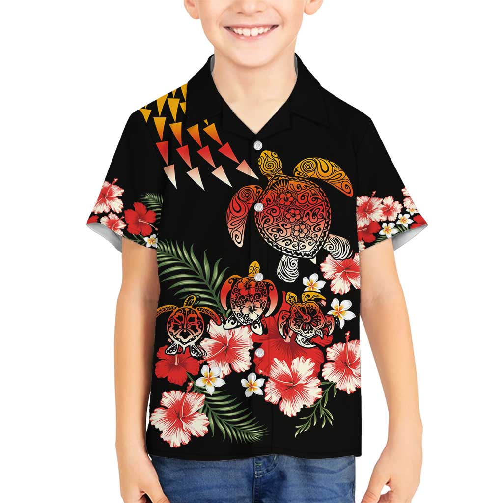 Hawaiian Hibiscus Turtle and Tropical Flower Family Matching Off Shoulder Short Dress and Hawaiian Shirt Dynamic Vibe LT03 Son's Shirt Black - Polynesian Pride
