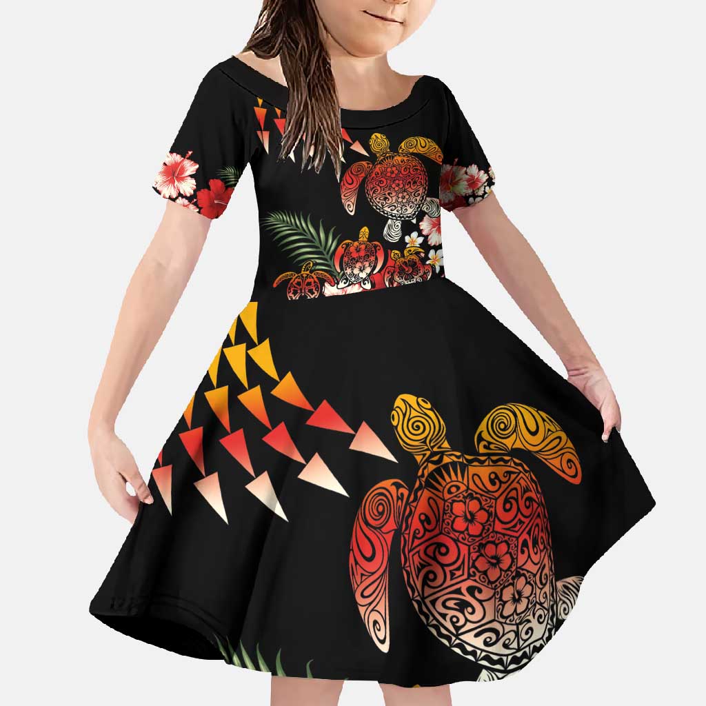 Hawaiian Hibiscus Turtle and Tropical Flower Family Matching Short Sleeve Bodycon Dress and Hawaiian Shirt Dynamic Vibe LT03 Daughter's Dress Black - Polynesian Pride