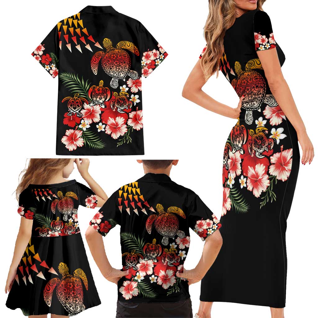 Hawaiian Hibiscus Turtle and Tropical Flower Family Matching Short Sleeve Bodycon Dress and Hawaiian Shirt Dynamic Vibe LT03 - Polynesian Pride