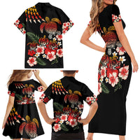 Hawaiian Hibiscus Turtle and Tropical Flower Family Matching Short Sleeve Bodycon Dress and Hawaiian Shirt Dynamic Vibe LT03 - Polynesian Pride