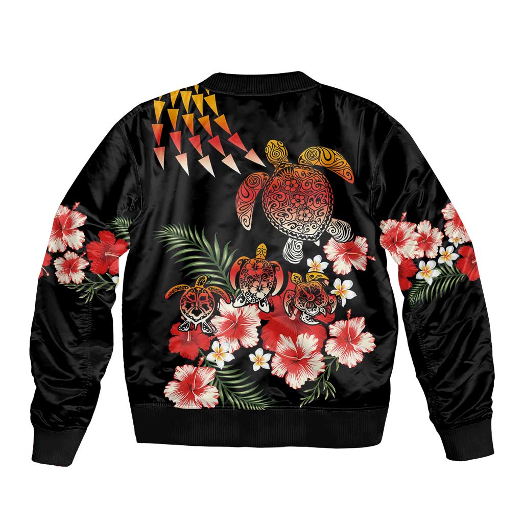 Hawaiian Hibiscus Turtle and Tropical Flower Sleeve Zip Bomber Jacket Dynamic Vibe