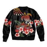 Hawaiian Hibiscus Turtle and Tropical Flower Sleeve Zip Bomber Jacket Dynamic Vibe