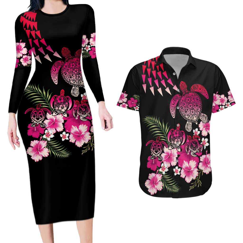 Hawaiian Hibiscus Turtle and Tropical Flower Couples Matching Long Sleeve Bodycon Dress and Hawaiian Shirt Sweet Vibe LT03 Black - Polynesian Pride