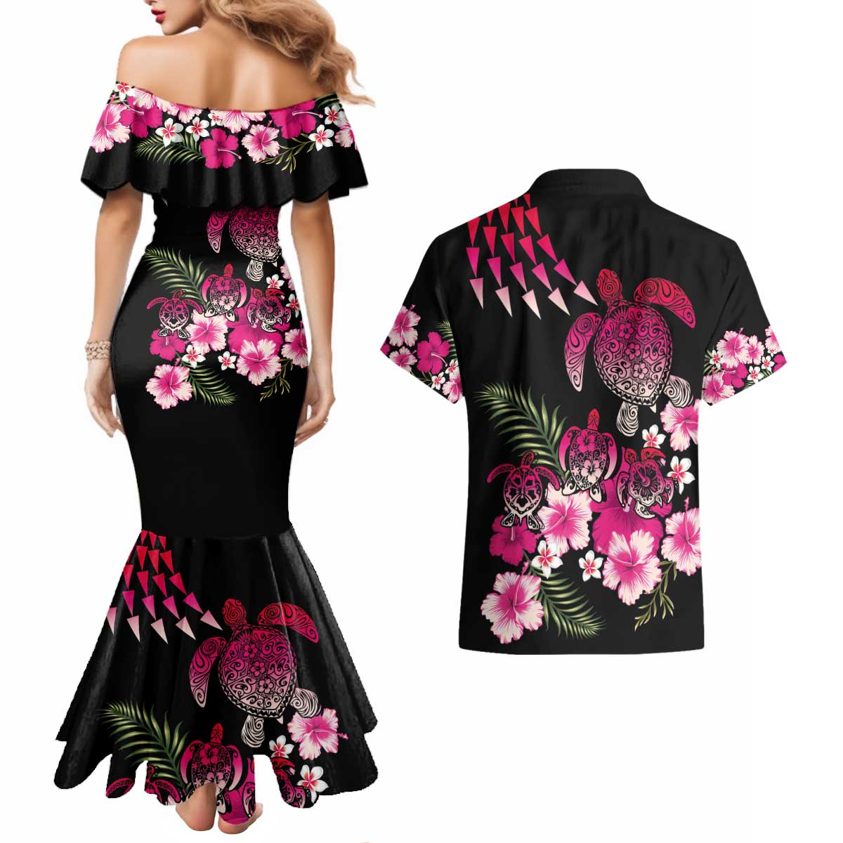 Hawaiian Hibiscus Turtle and Tropical Flower Couples Matching Mermaid Dress and Hawaiian Shirt Sweet Vibe LT03 - Polynesian Pride