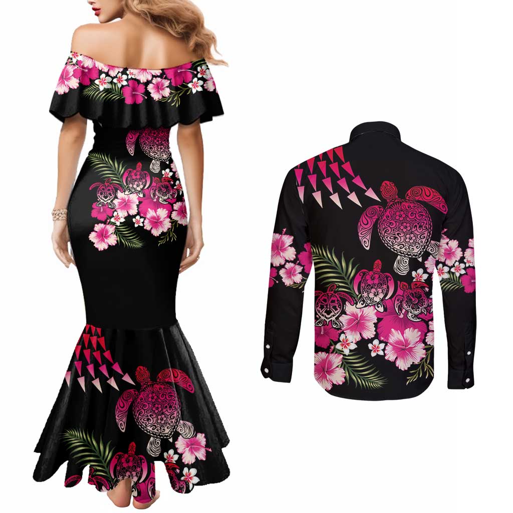 Hawaiian Hibiscus Turtle and Tropical Flower Couples Matching Mermaid Dress and Long Sleeve Button Shirt Sweet Vibe LT03 - Polynesian Pride
