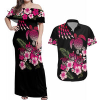 Hawaiian Hibiscus Turtle and Tropical Flower Couples Matching Off Shoulder Maxi Dress and Hawaiian Shirt Sweet Vibe LT03 Black - Polynesian Pride