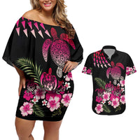 Hawaiian Hibiscus Turtle and Tropical Flower Couples Matching Off Shoulder Short Dress and Hawaiian Shirt Sweet Vibe LT03 Black - Polynesian Pride