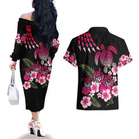 Hawaiian Hibiscus Turtle and Tropical Flower Couples Matching Off The Shoulder Long Sleeve Dress and Hawaiian Shirt Sweet Vibe LT03 - Polynesian Pride