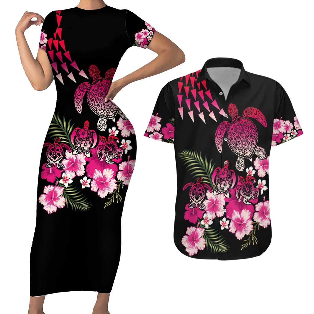 Hawaiian Hibiscus Turtle and Tropical Flower Couples Matching Short Sleeve Bodycon Dress and Hawaiian Shirt Sweet Vibe LT03 Black - Polynesian Pride