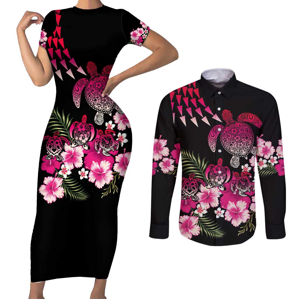 Hawaiian Hibiscus Turtle and Tropical Flower Couples Matching Short Sleeve Bodycon Dress and Long Sleeve Button Shirt Sweet Vibe LT03 Black - Polynesian Pride