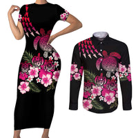 Hawaiian Hibiscus Turtle and Tropical Flower Couples Matching Short Sleeve Bodycon Dress and Long Sleeve Button Shirt Sweet Vibe LT03 Black - Polynesian Pride