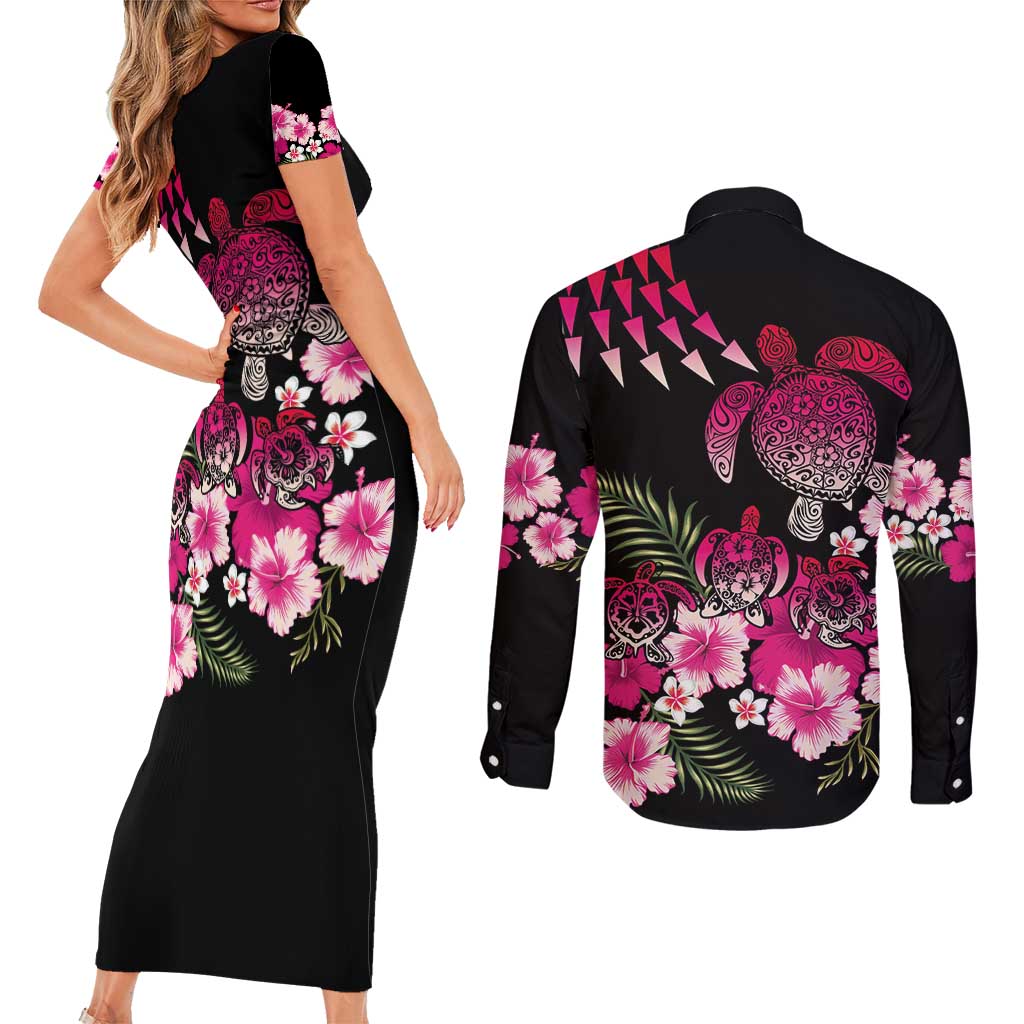 Hawaiian Hibiscus Turtle and Tropical Flower Couples Matching Short Sleeve Bodycon Dress and Long Sleeve Button Shirt Sweet Vibe LT03 - Polynesian Pride