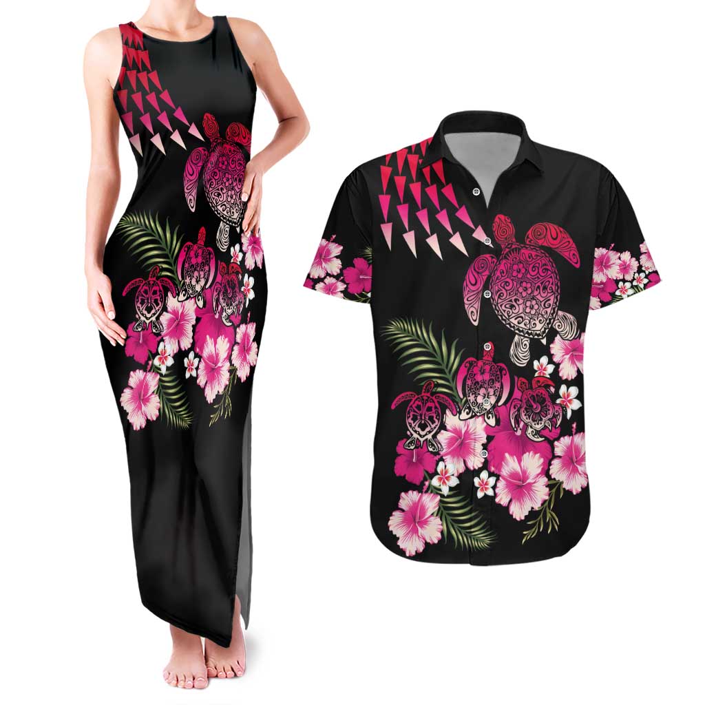 Hawaiian Hibiscus Turtle and Tropical Flower Couples Matching Tank Maxi Dress and Hawaiian Shirt Sweet Vibe LT03 Black - Polynesian Pride