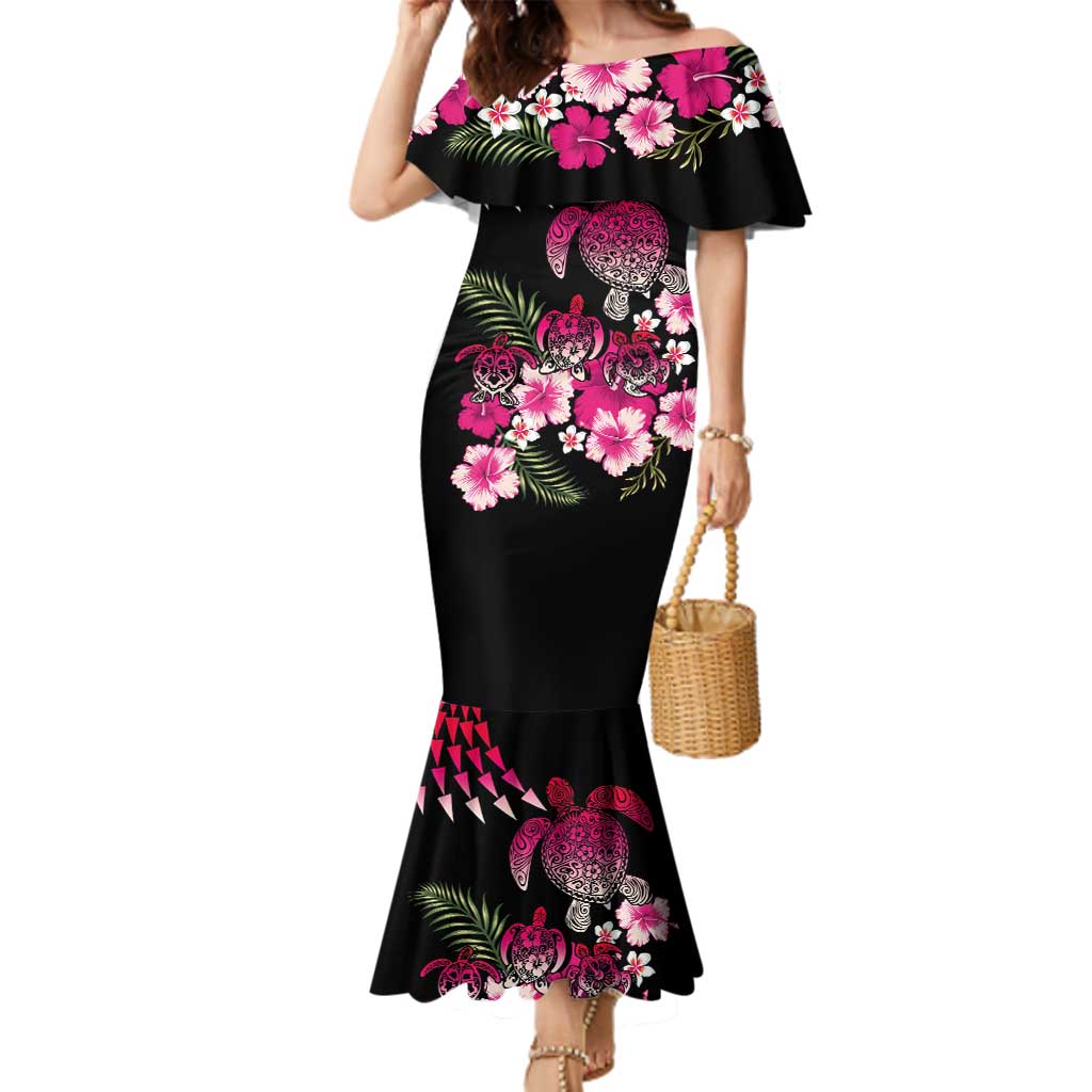 Hawaiian Hibiscus Turtle and Tropical Flower Family Matching Mermaid Dress and Hawaiian Shirt Sweet Vibe LT03 Mom's Dress Black - Polynesian Pride
