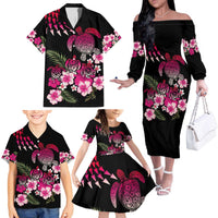 Hawaiian Hibiscus Turtle and Tropical Flower Family Matching Off The Shoulder Long Sleeve Dress and Hawaiian Shirt Sweet Vibe LT03 - Polynesian Pride