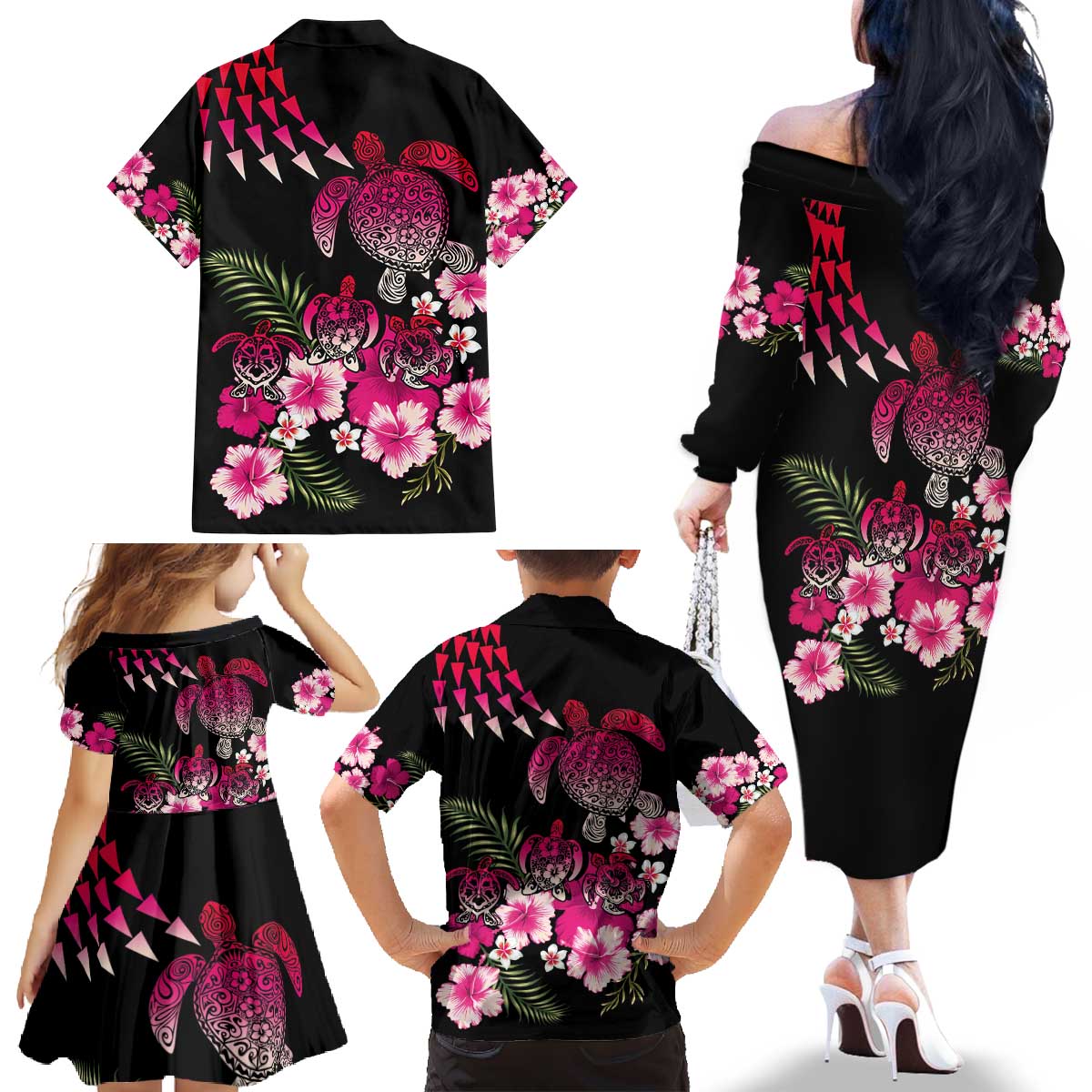 Hawaiian Hibiscus Turtle and Tropical Flower Family Matching Off The Shoulder Long Sleeve Dress and Hawaiian Shirt Sweet Vibe LT03 - Polynesian Pride
