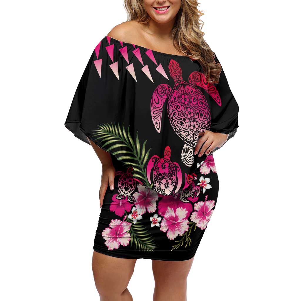 Hawaiian Hibiscus Turtle and Tropical Flower Family Matching Off Shoulder Short Dress and Hawaiian Shirt Sweet Vibe LT03 Mom's Dress Black - Polynesian Pride