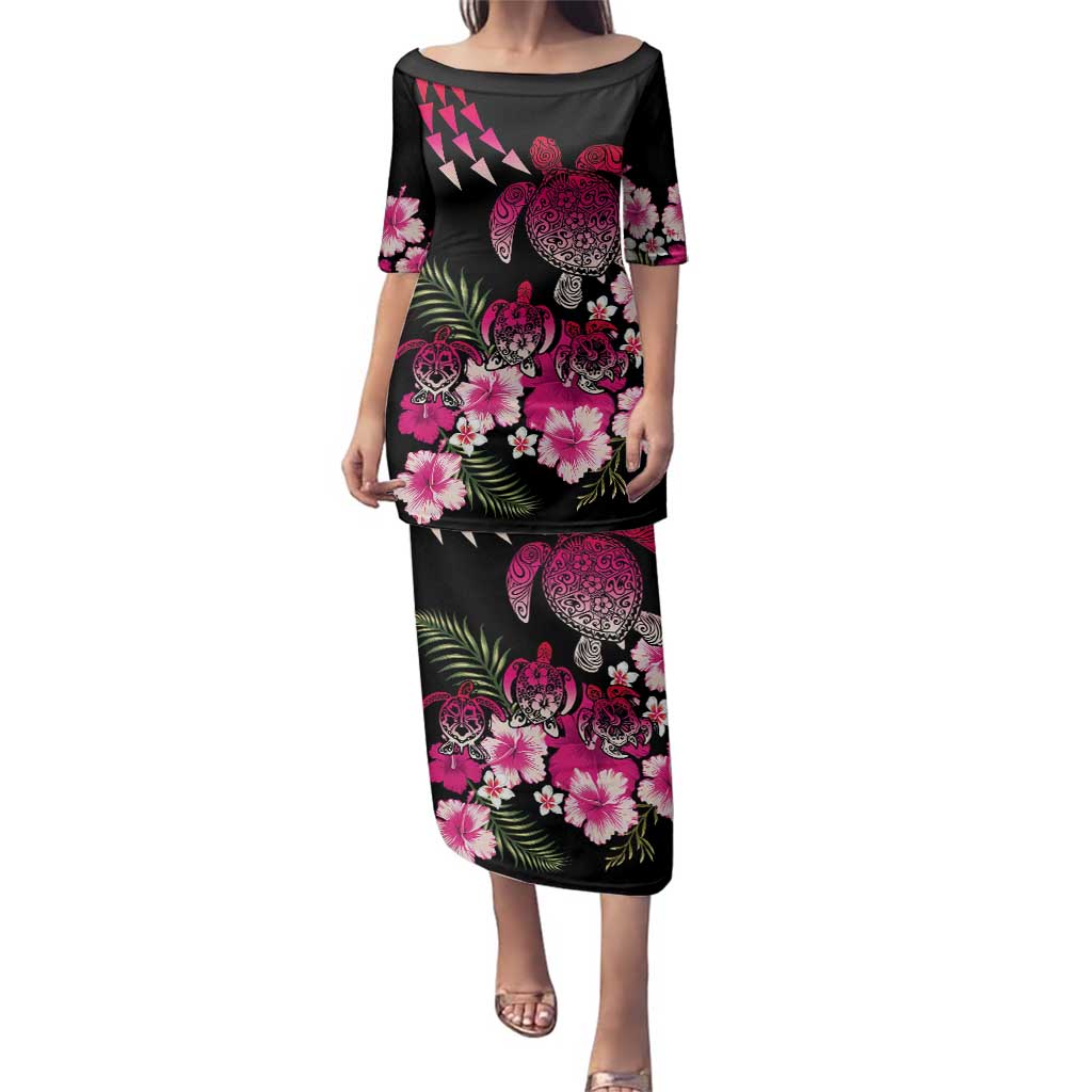 Hawaiian Hibiscus Turtle and Tropical Flower Family Matching Puletasi and Hawaiian Shirt Sweet Vibe LT03 Mom's Dress Black - Polynesian Pride
