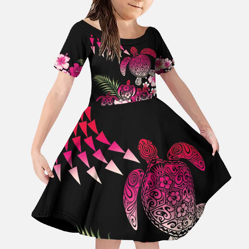 Hawaiian Hibiscus Turtle and Tropical Flower Family Matching Short Sleeve Bodycon Dress and Hawaiian Shirt Sweet Vibe LT03 Daughter's Dress Black - Polynesian Pride