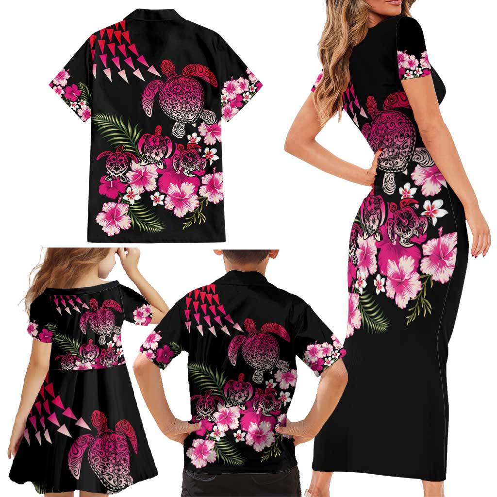 Hawaiian Hibiscus Turtle and Tropical Flower Family Matching Short Sleeve Bodycon Dress and Hawaiian Shirt Sweet Vibe LT03 - Polynesian Pride