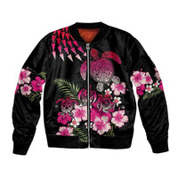 Hawaiian Hibiscus Turtle and Tropical Flower Sleeve Zip Bomber Jacket Sweet Vibe LT03 Unisex Black - Polynesian Pride