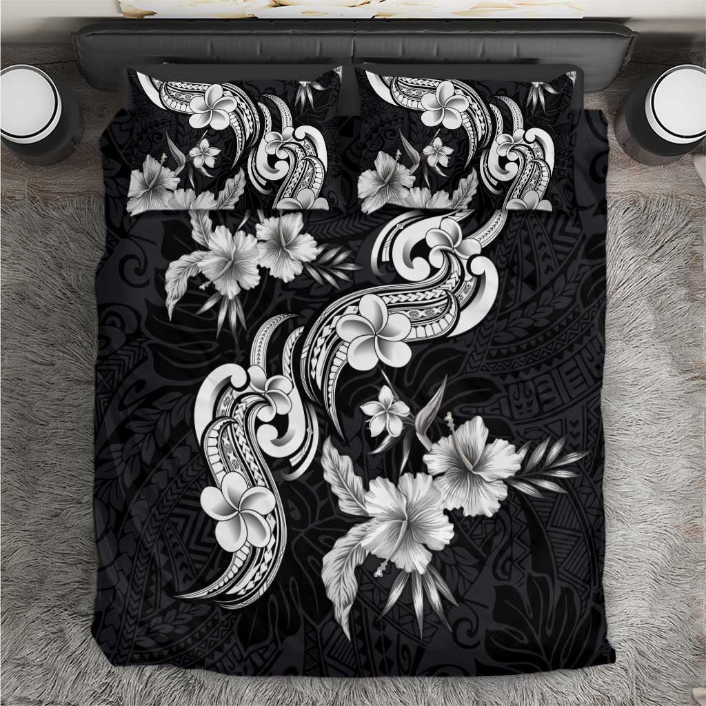 Hawaiian-Polynesian Art Tattoo Bedding Set Hibiscus and Plumeria Grayscale