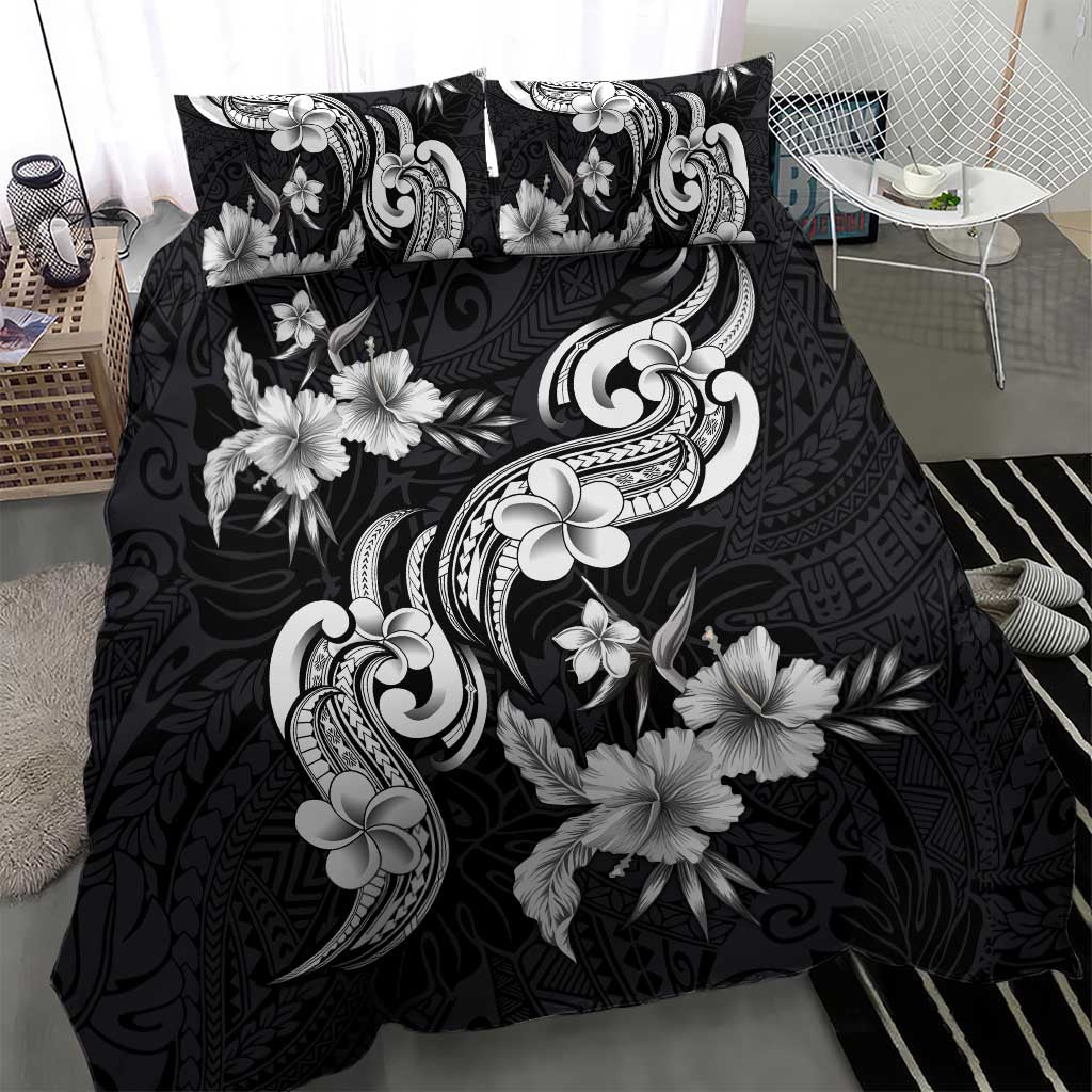 Hawaiian-Polynesian Art Tattoo Bedding Set Hibiscus and Plumeria Grayscale