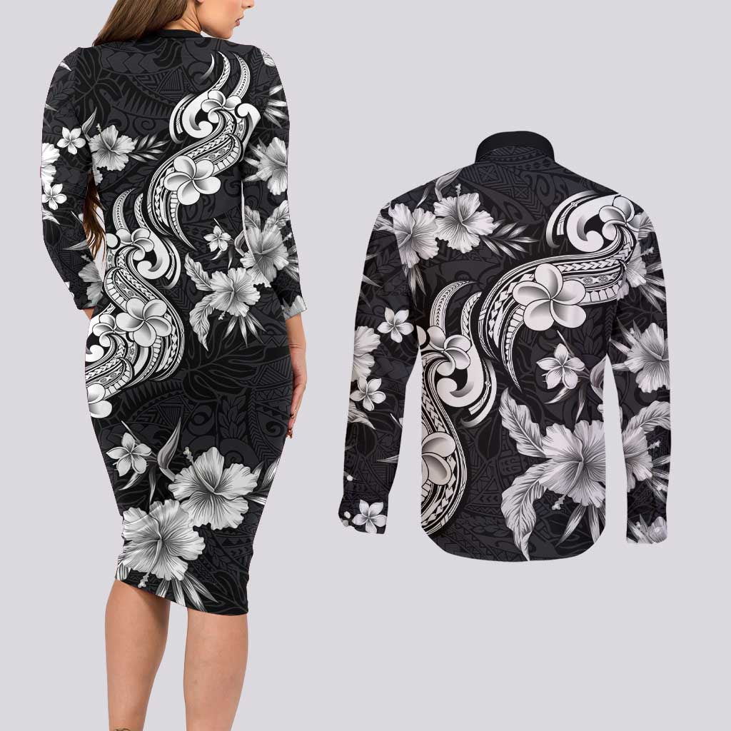 Hawaiian-Polynesian Art Tattoo Couples Matching Long Sleeve Bodycon Dress and Long Sleeve Button Shirt Hibiscus and Plumeria Grayscale LT03 - Polynesian Pride